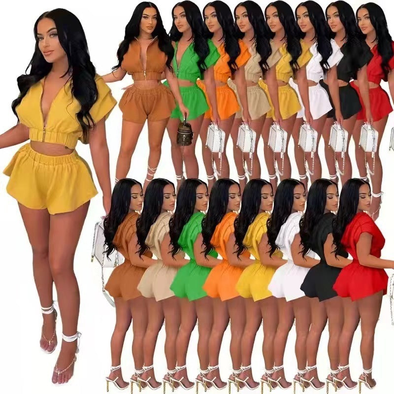 Summer New Hooded Zipper Short Sleeve Two-piece Set