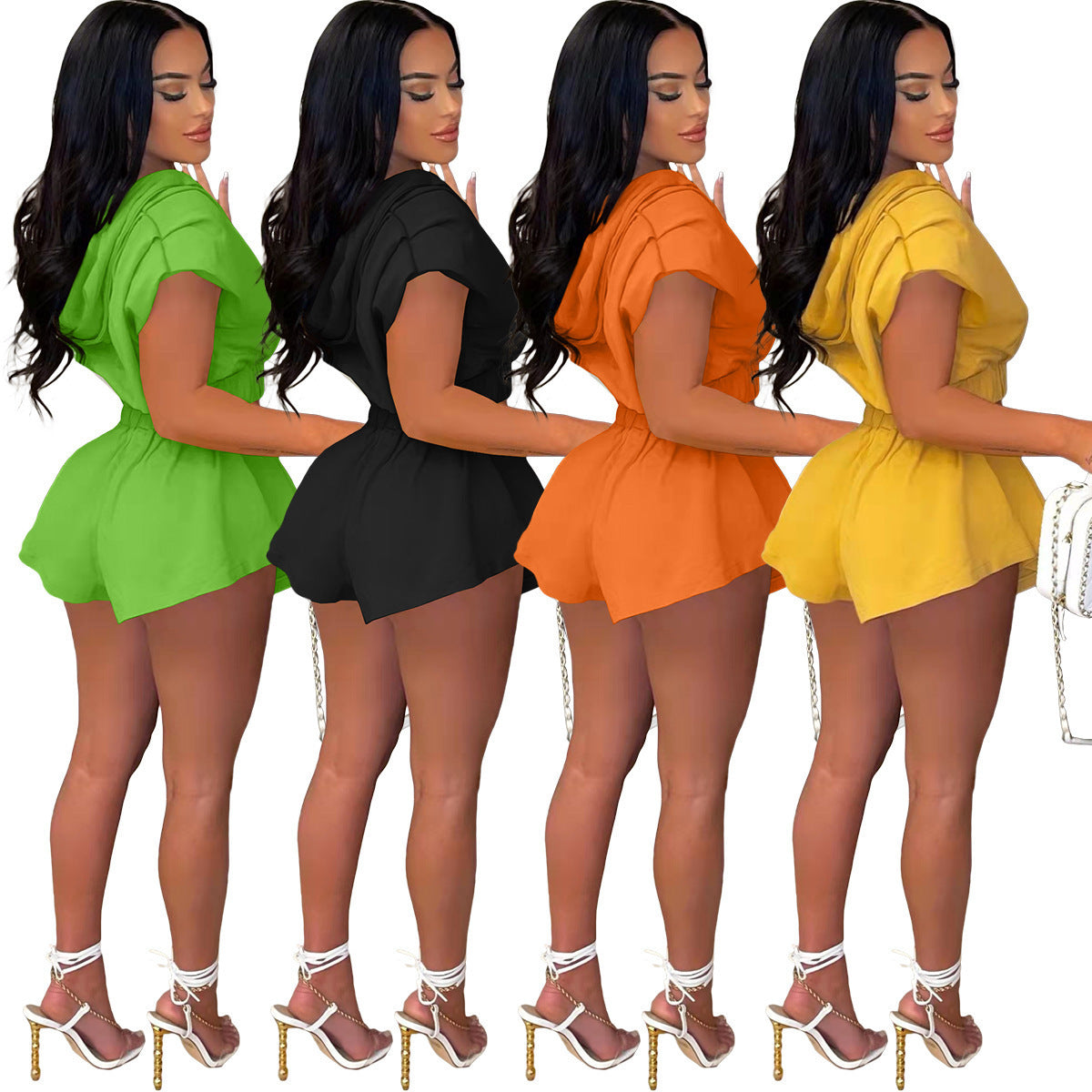 Summer New Hooded Zipper Short Sleeve Two-piece Set