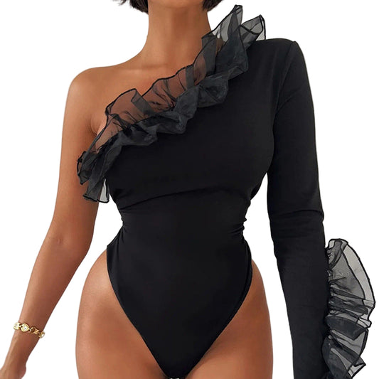 Classy Mesh One Shoulder Sleeve Bodysuit