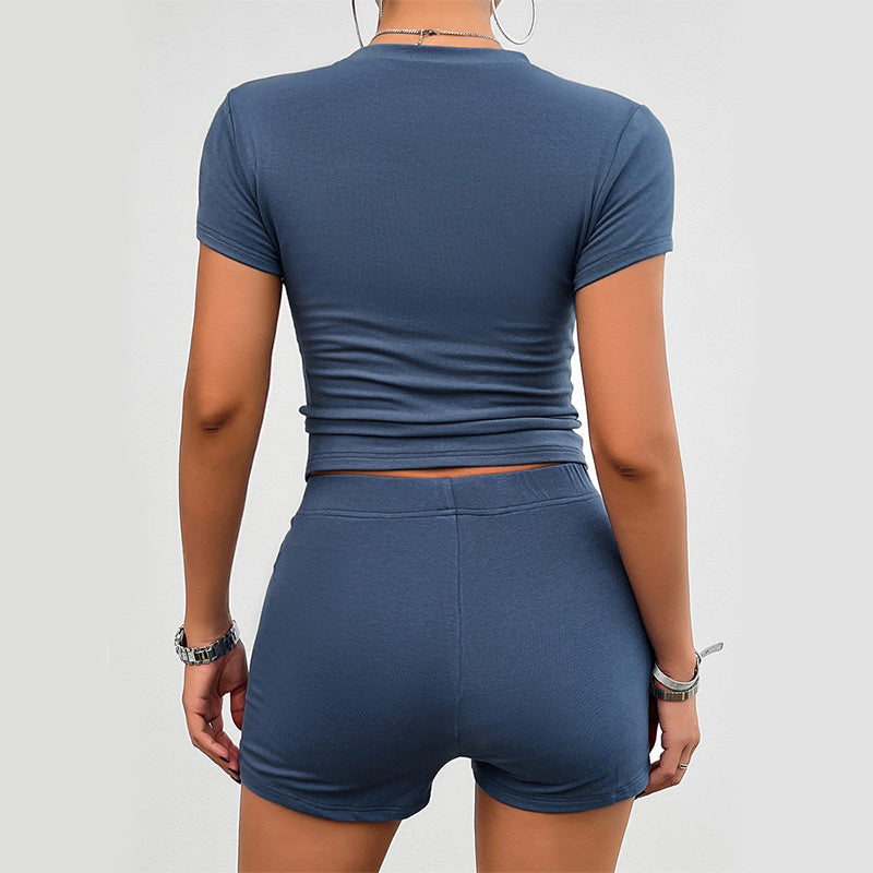 2Pcs Short-sleeved Round Neck T-shirt And Elastic Shorts Fashion Womens Clothing