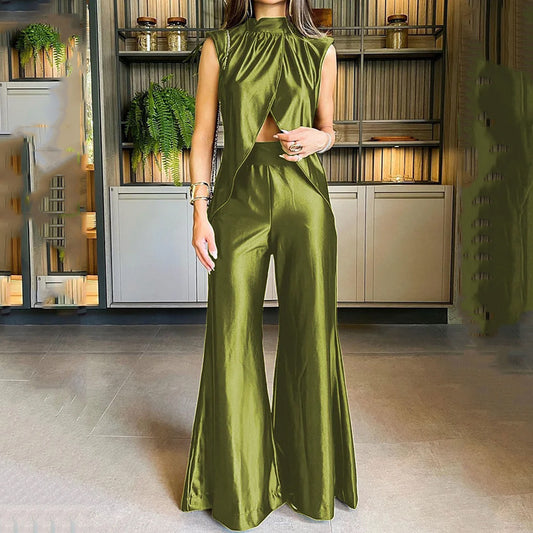 Hollow-out Cinched Bell-bottom Pants Fashion Casual Set