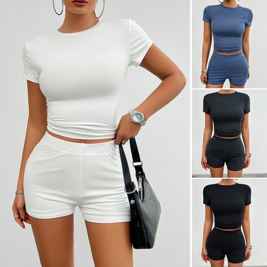 2Pcs Short-sleeved Round Neck T-shirt And Elastic Shorts Fashion Womens Clothing
