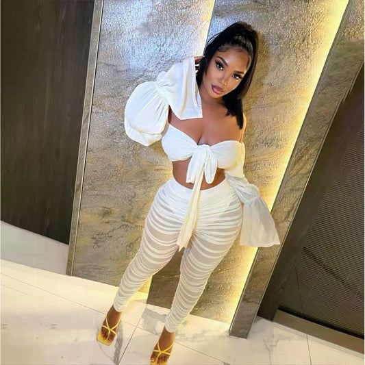 Bell Sleeve Off-neck T-shirt Mesh Pleats Trousers Suit
