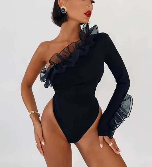 Classy Mesh One Shoulder Sleeve Bodysuit